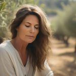 mujer disfruta de la calma en un campo de olivos en Castillo de Locubin, Jaen